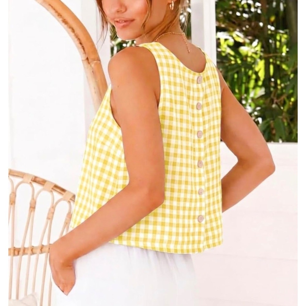 NWT Yellow Gingham Tank Top Women Cotton Plaid Button Back Crop Blouse XS - Picture 2 of 5